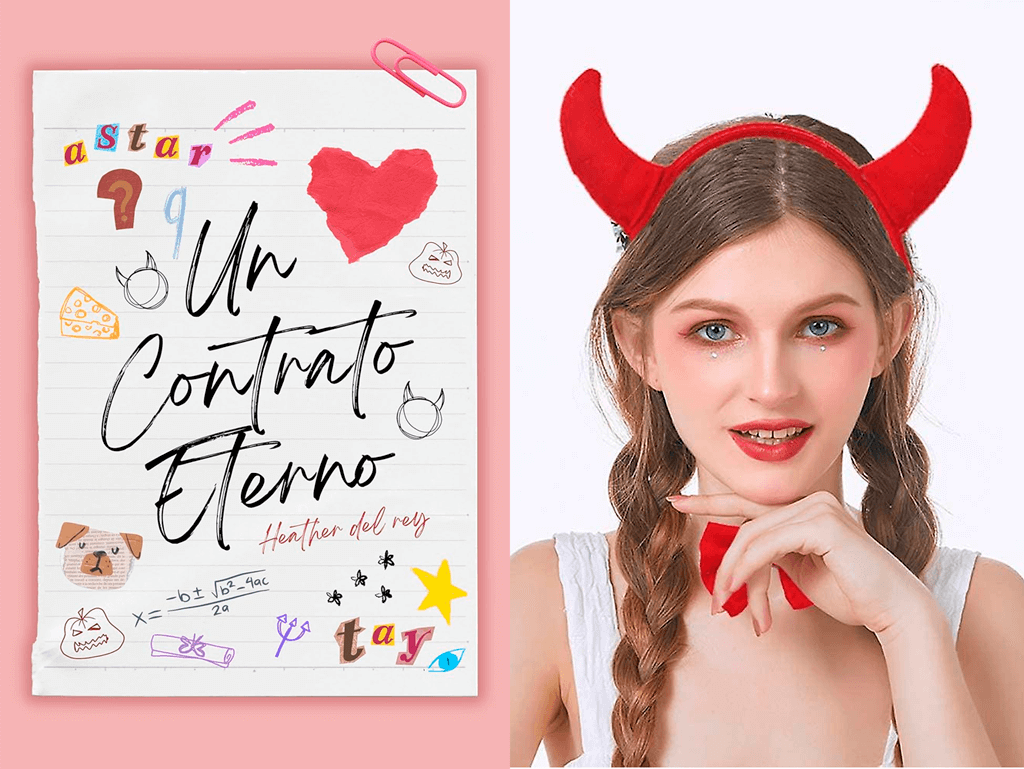 Diablilla junto al libro "Un contrato eterno" de Heather del rey"